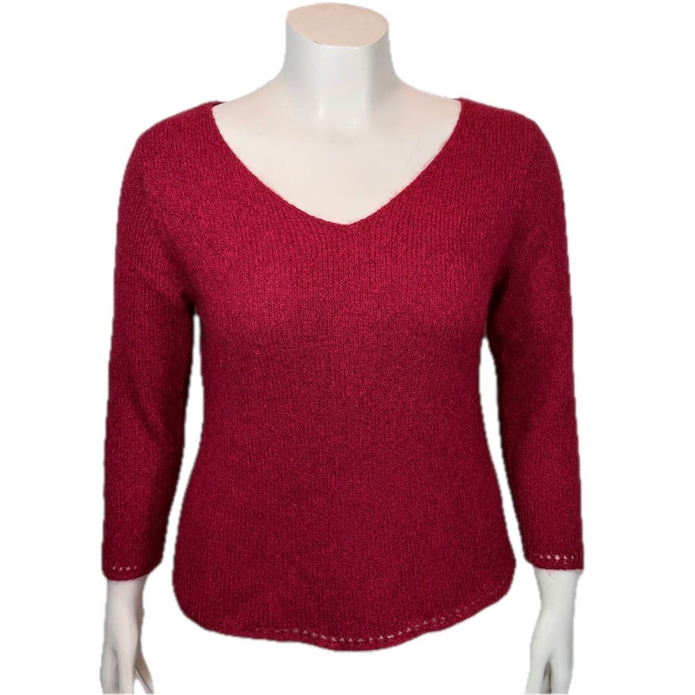 Eileen Fisher Women's V-Neck Sweater M Red Silk Blend 3/4 Sleeve